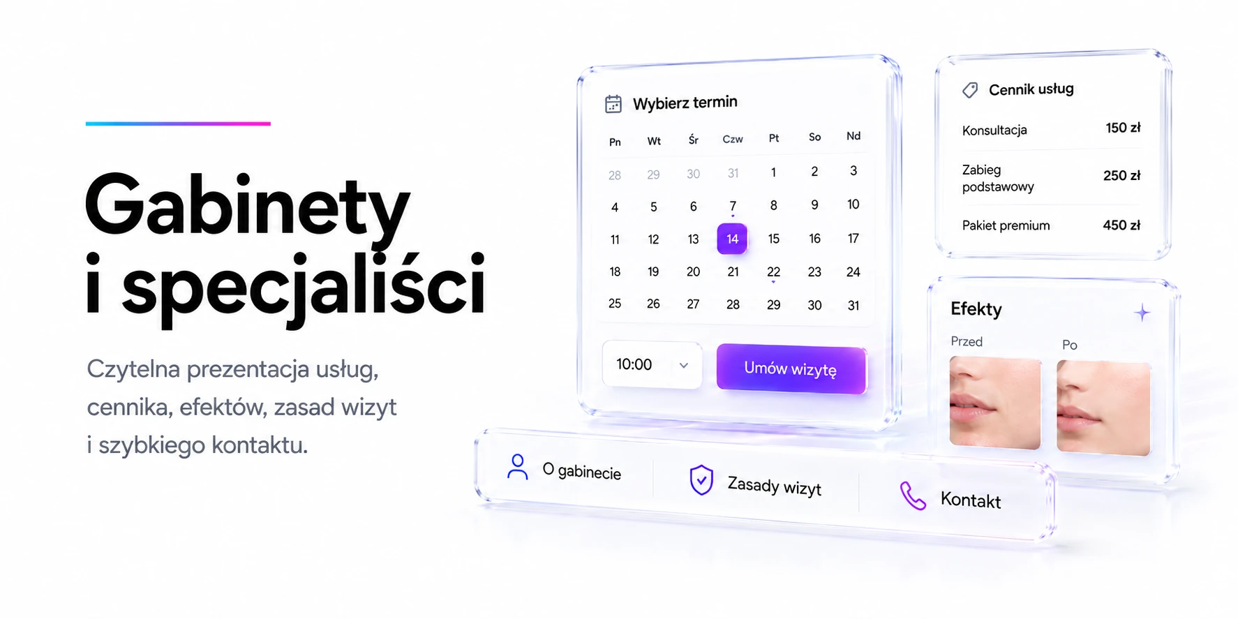 Gabinety i specjaliści — czytelna prezentacja usług, cennika, efektów, zasad wizyt i szybkiego kontaktu.