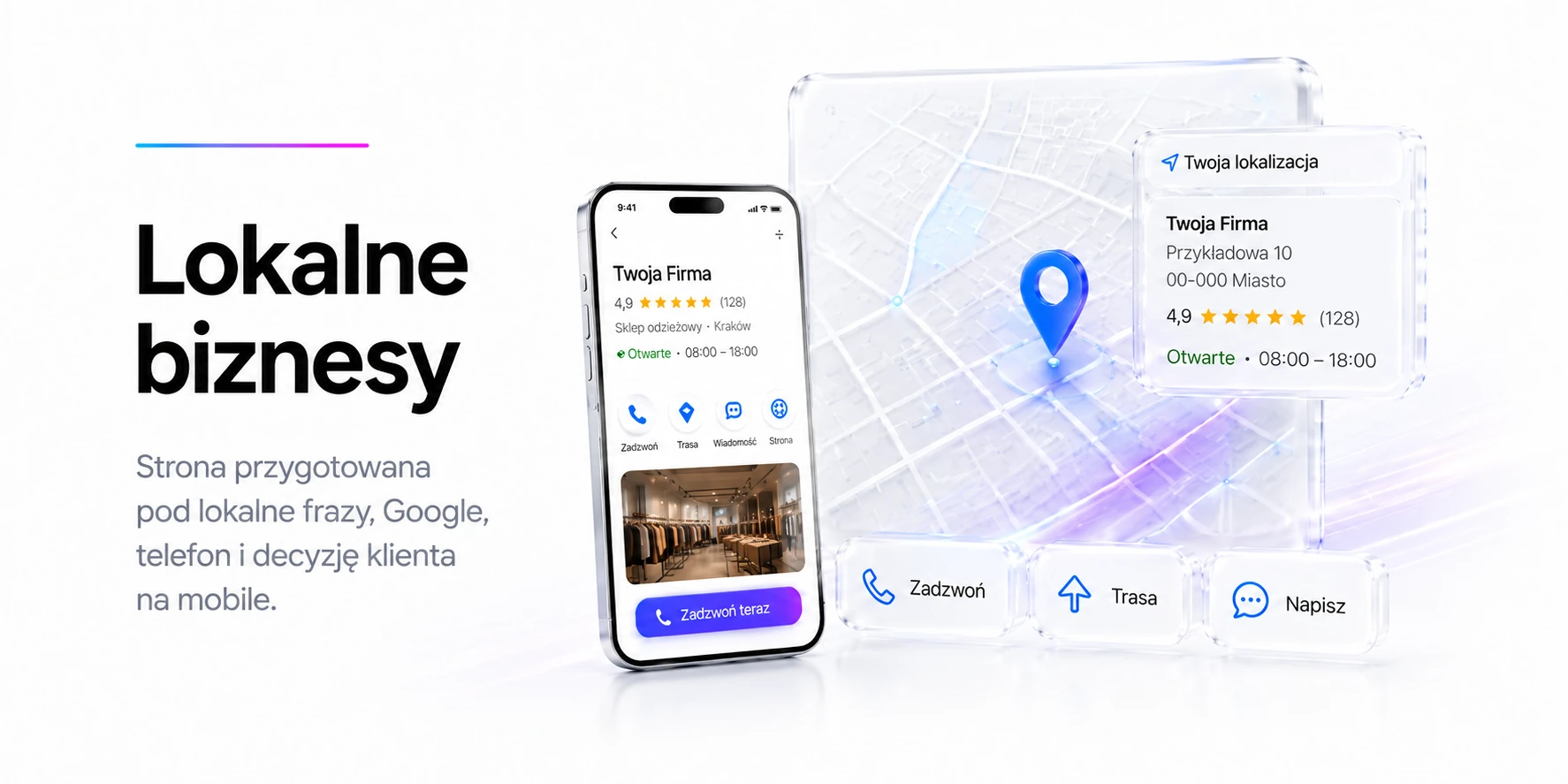 Lokalne biznesy — strona przygotowana pod lokalne frazy, Google, telefon i decyzję klienta na mobile.