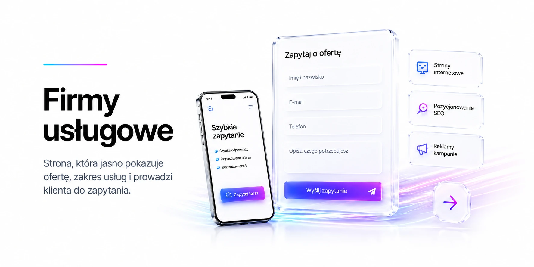 Firmy usługowe — strona, która jasno pokazuje ofertę, zakres usług i prowadzi klienta do zapytania.