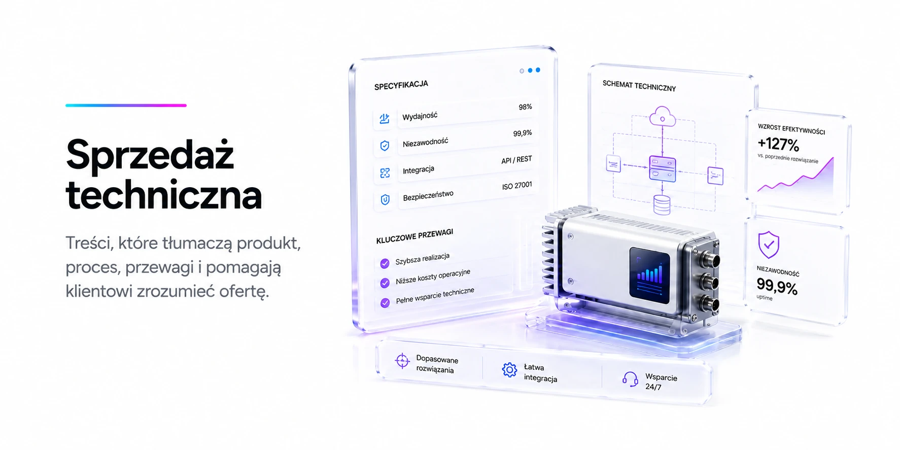 Sprzedaż techniczna — treści, które tłumaczą produkt, proces, przewagi i pomagają klientowi zrozumieć ofertę.