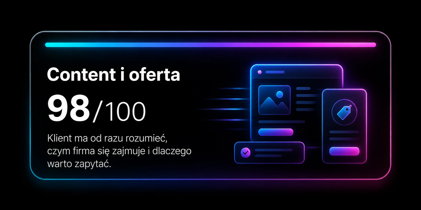 Content i oferta — 98 na 100. Klient ma od razu rozumieć, czym firma się zajmuje i dlaczego warto zapytać.