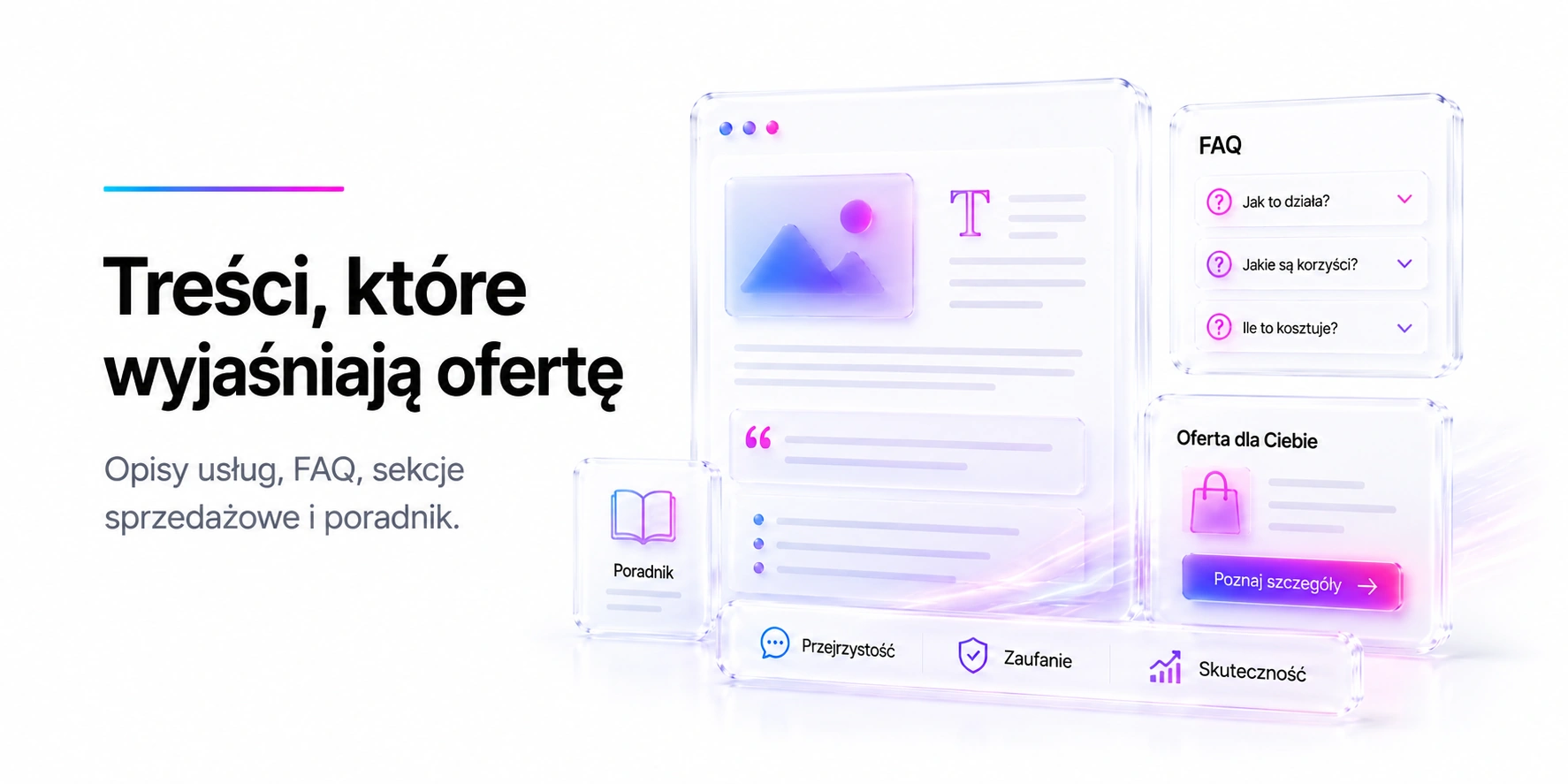 Content — treści, które wyjaśniają ofertę. Opisy usług, FAQ, sekcje sprzedażowe i poradnik.