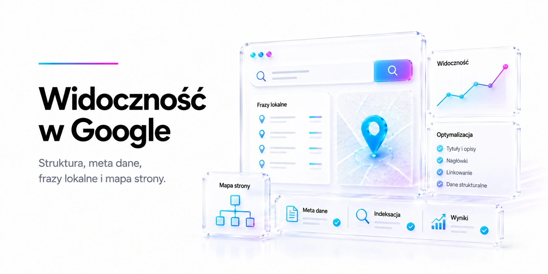 SEO — widoczność w Google. Struktura, meta dane, frazy lokalne i mapa strony.