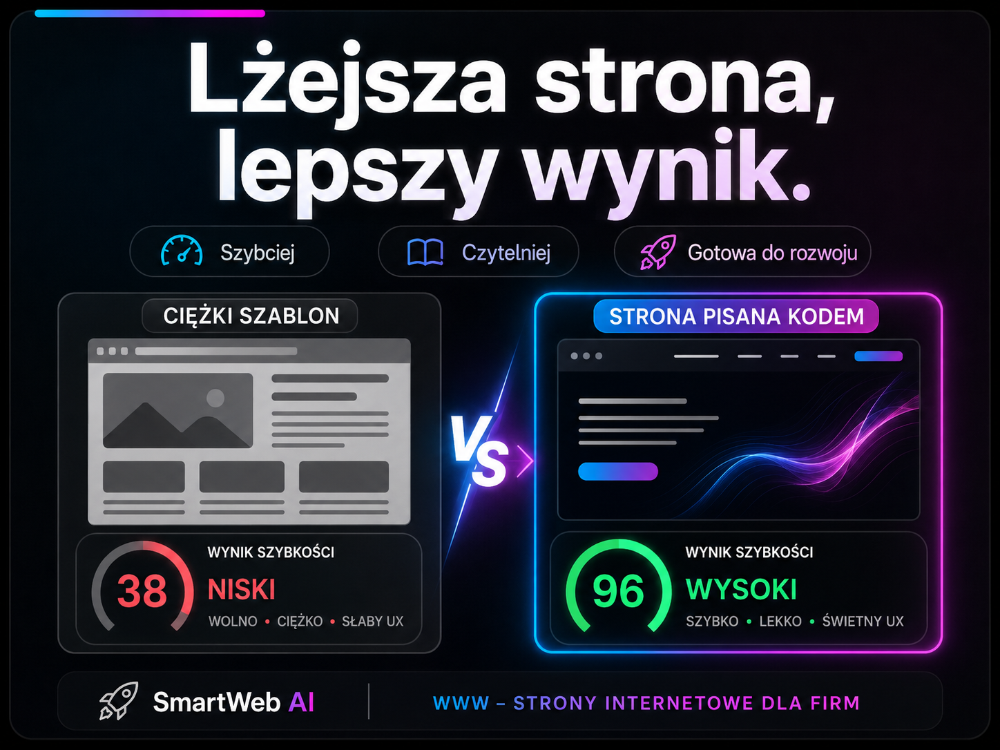 SmartWeb AI — porównanie ciężkiego szablonu i strony pisanej kodem.